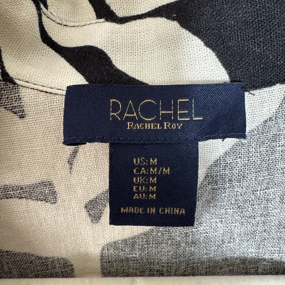 Rachel Roy Linen Blend Palm Leaf Boxy Top Medium Black Cream - Picture 3 of 8